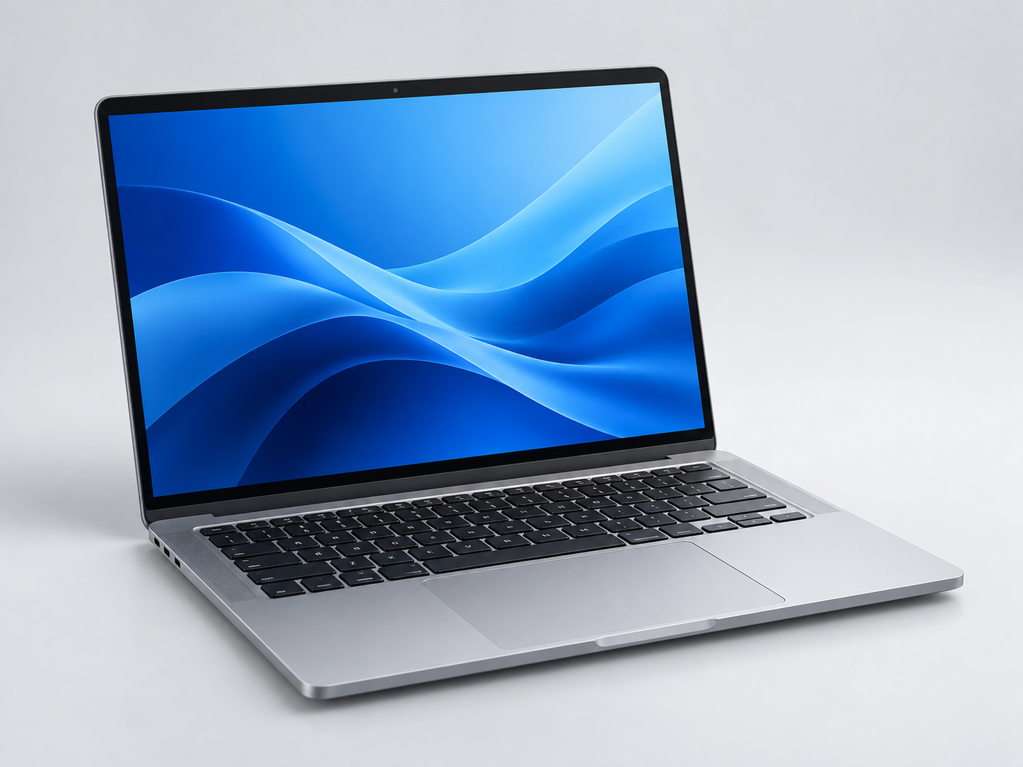 Open silver laptop with a blue screen